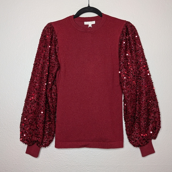 Flying Tomato Womens Red Feeling The Fun Sequin Balloon Sleeve Sweater S NWT - Picture 1 of 9